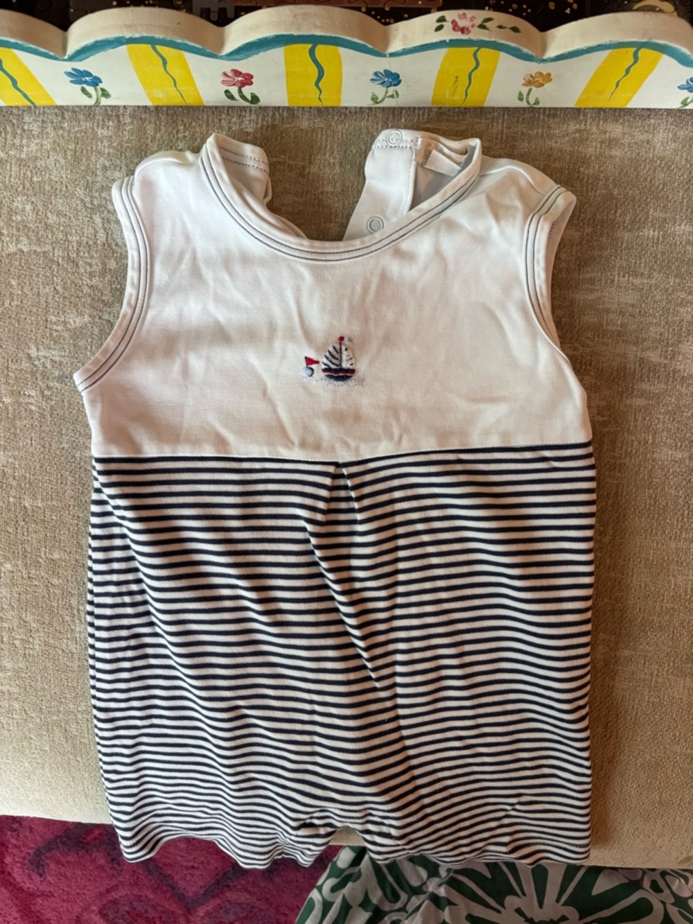 Kissy Kissy White & Navy Striped Sleeveless Tank Romper with Sailboat Embroidery
